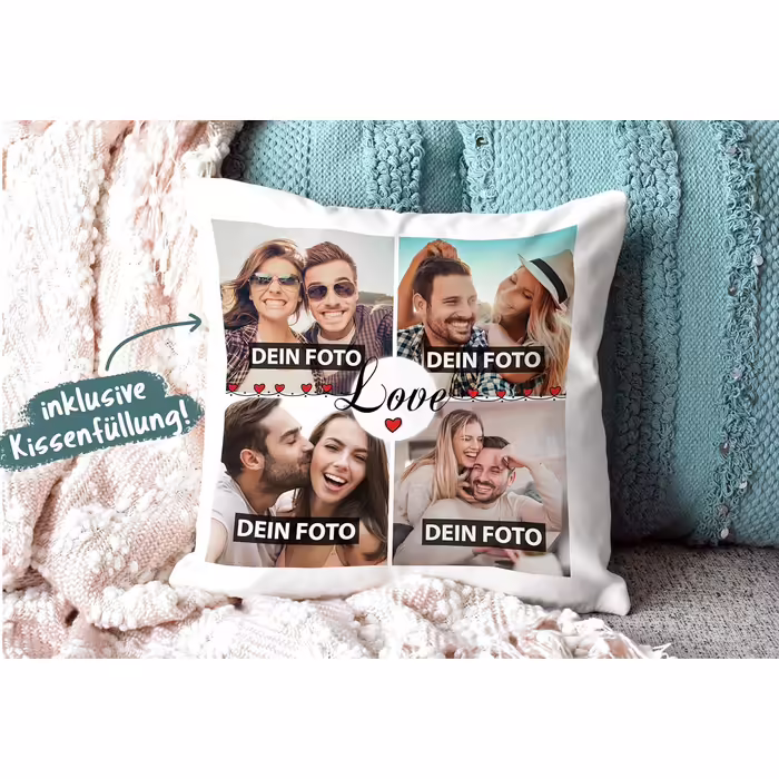 Print Royal Pillow with Filling - Create your own photo collage with a saying - Love - with four of your own photos - Photo pillow gift idea - Light blue back cushion