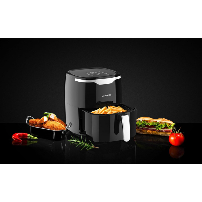Аерофритюрниця VERTENZ Taste 50, 5 л, 1400 Вт, 8 програм, LED-екран, антипригарний кошик, без масла, чорна