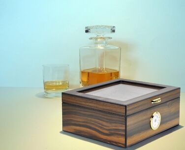 Вологозбережувач для сигар Eitida на 25-50 сигар з дисплеєм з загартованого скла, ручної роботи, з іспанського червоного кедру з перегородкою, зволожувачем та гігрометром, чорний ебоніт (Сантос Палісандр)