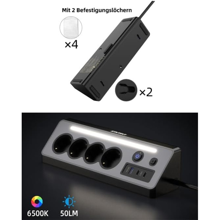 Мережевий адаптер з USB та 2 Type-C, 4 розетки, 16A, 3680W, з вимикачами, захист від перенапруги, LED, для кухні/офісу, білий/чорний