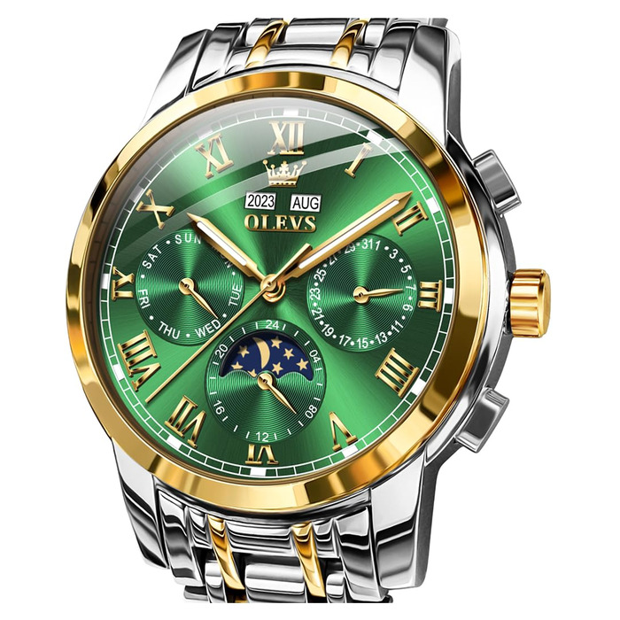 Чоловічий механічний годинник OLEVS з автопідзаводом, золотисто-сріблястий сталевий браслет, зелений циферблат, фаза місяця, водонепроникний, бізнес-клас