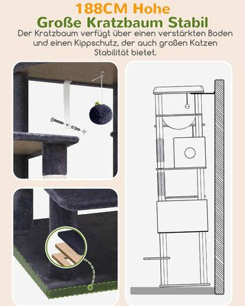 Драбина для котів Globlazer XXL, 188 см, з будиночком, платформами та кошиками. Стабільна, не хитається, для великих котів. Темно-сірий колір
