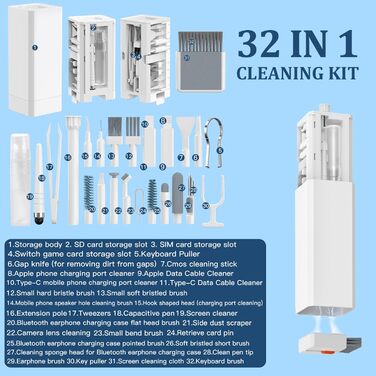 Набір для чищення клавіатури 32 в 1: для iPhone, iPad, ноутбука, ПК, AirPods, камери та іншого. Аксесуари для чищення мобільних пристроїв та електроніки (білий)