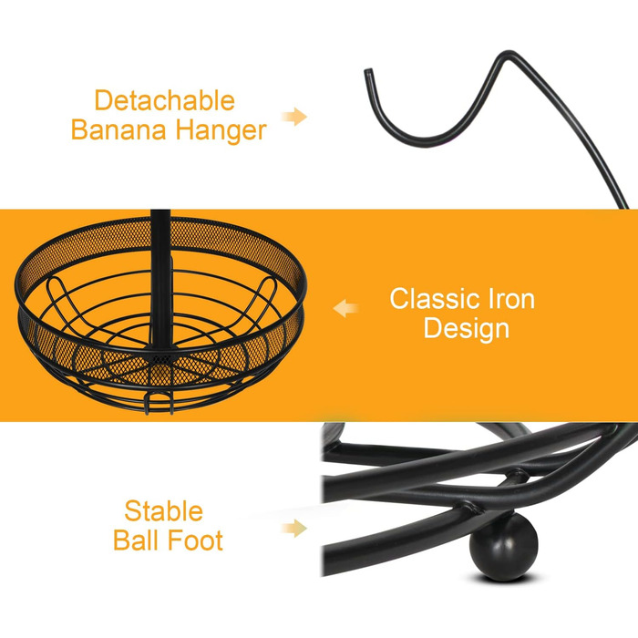 Двоярусна підставка для фруктів з кріпленням для бананів, чорна, з металевою мискою