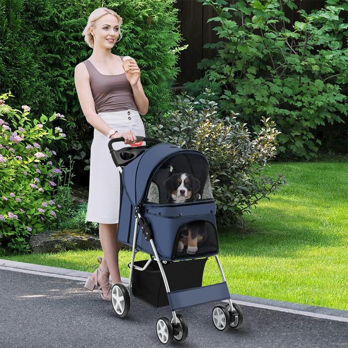 Візок для собак SOARS, до 15 кг, складний, з сітковими віконцями, тримачем для напоїв та кошиком для зберігання, візок для домашніх тварин для маленьких тварин (Темно-синій)