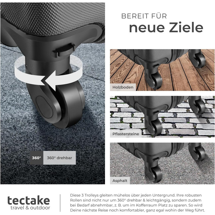 Набір валіз Tectake 3шт з ваговою та білгетом, M-L-XL, ABS, телескопічна ручка, чорний