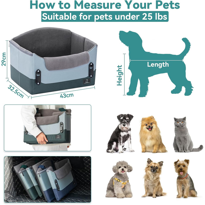 Автокрісло для собак, автокрісло для маленьких собак з ременями безпеки, підвищення для собак, складане, зелене