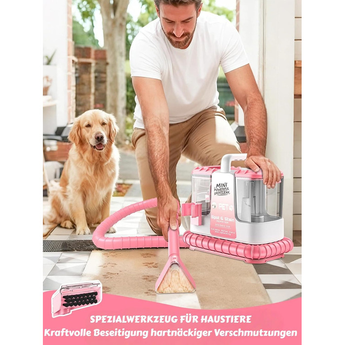 Портативний мийник для м'яких меблів 600W, 16Kpa, з розчином 500мл та 5 насадками. Для диванів, килимів, авто та сходин. Легкий та компактний, рожевий колір