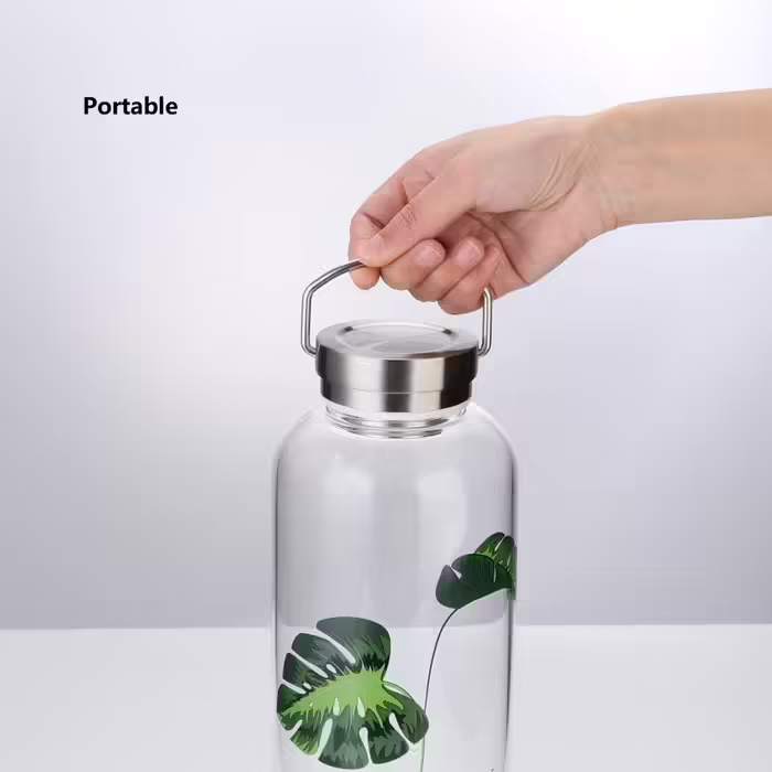 Gulujoy 1.5 Liter Drinking Bottle Glass Water Bottle with Neoprene Sleeve, Leak-Proof, Portable, Stainless Steel Lid, 1500ml