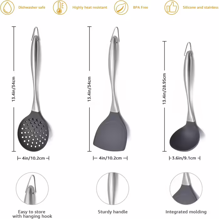 Wok Turner and Ladle, Wok Accessories, Kitchen Utensil Set, 34 cm Turner for Wok, Chinese Wok Utensil Set, 304 Stainless Steel (Gray)