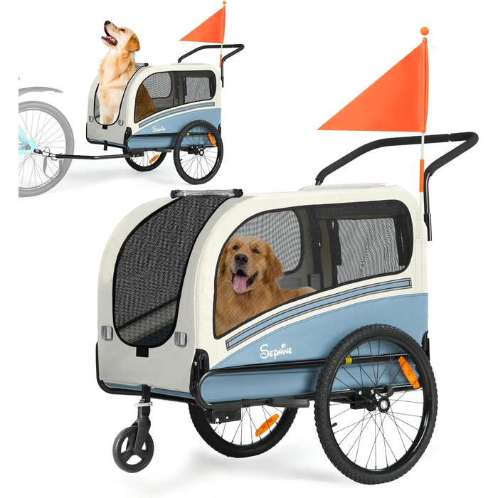 SEPNINE® Причіп для собак XXL 2-в-1, велосипедний причіп для собак з дахом, відбивачами та світловідбиваючими смугами, штовхач та універсальний з'єднувач для велосипеда, складаний, до 50 кг, блакитно-білий
