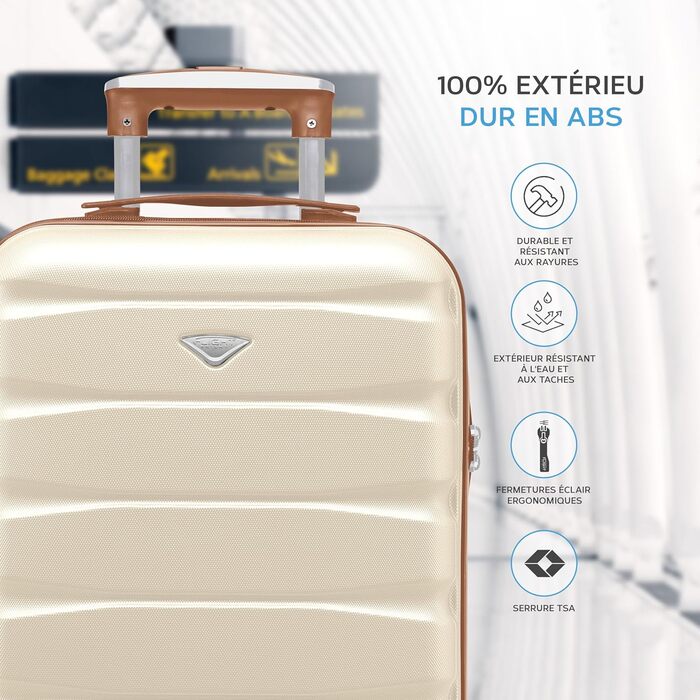 Чотирьохколісний валіза Flight Knight ABS з жорстким корпусом, ручна поклажа, розмір для авіакомпаній (British Airways, EasyJet), 56x45x25 см (55x35x25 см TSA), кремовий/бежевий колір