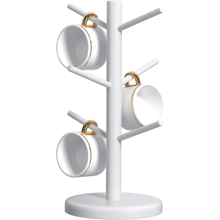 Dorho Cup Holder, Tree, Coffee Cup Holder with 6 Hooks, Wooden Cup Holder for Countertop, Coffee Bar Accessories and Organizer Station, White