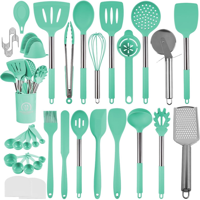 Набір кухонних аксесуарів 45 предметів з нержавіючої сталі: лопатки, ложки, скребки для приготування їжі. Ідеальний подарунок для кухні.
