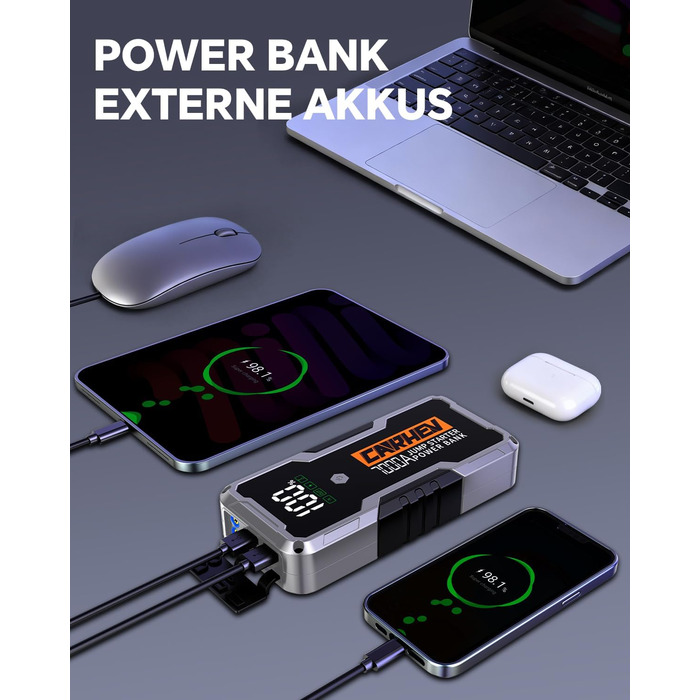 CARHEV 7000A Пусковий пристрій (Powerbank) для автомобіля 12V, для бензину/дизеля, з QC 3.0 USB, LED