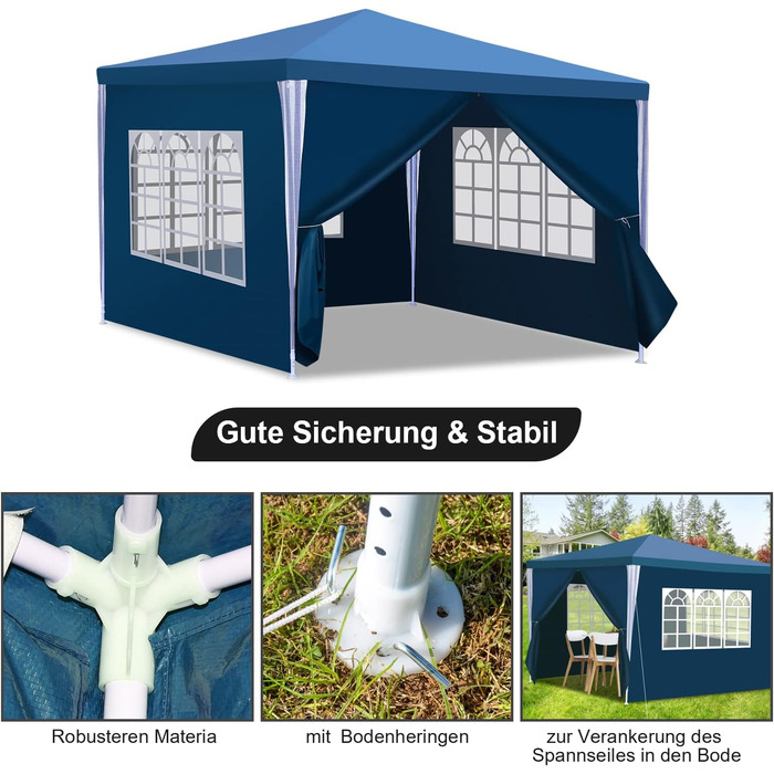 Waterproof Garden Gazebo, Gazebo, Stable and Winter-Proof with 4 Side Panels and Windows, Garden Party Tent with UV Protection 50+ for Parties, Market Stalls, Flea Markets, and Camping, Green, 3x3m (Blue-3x3M)