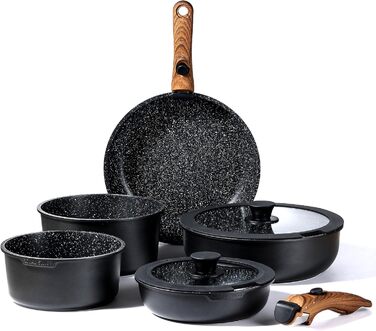 Набір посуду Royal Swiss, індукційний, 9 предметів, 2 знімні ручки, товстостінний посуд з кришкою для всіх типів плит - Бежевий Діамант - Каструлі та сковорідки без PFOA, PFAS