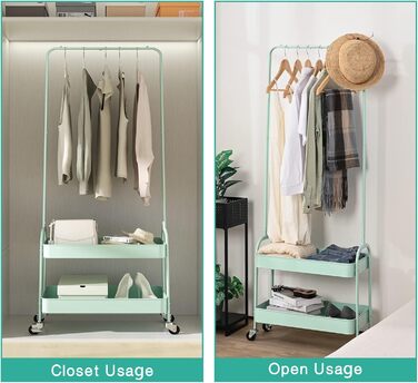 Clothes Rack Coat Stand, Clothes Rail Wheels, Bedroom Clothes Rack, Freestanding Shelf Cart 2 Tier Storage Shelf, Heavy-Duty Rolling Cart Utility Cart Green, WK830503-GN