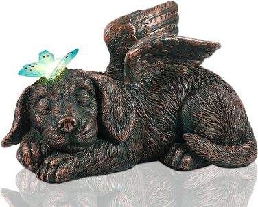Yeomoo Dog Angel Solar Garden Decorations for Outdoors with Butterfly - Weatherproof Animal Statue Balcony Decor, Sleeping Puppy Solar-Powered Figure Grave Ornament Tombstone, Gifts for Women Mom Copper