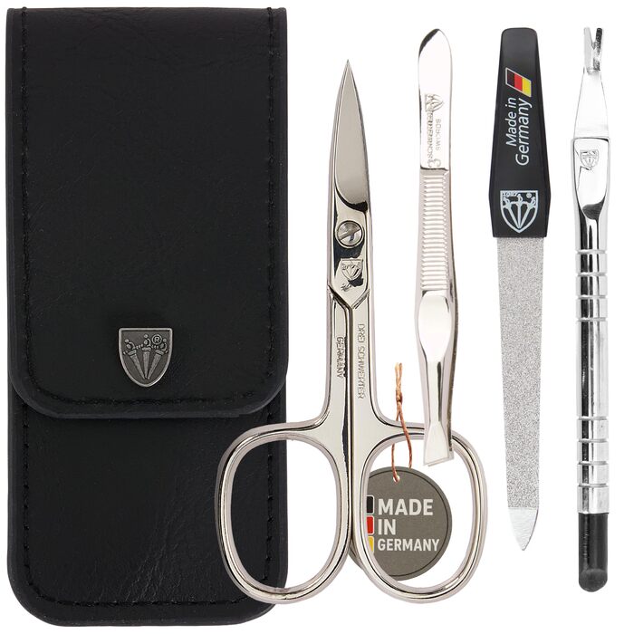 Набір для манікюру та педикюру 'Modena' від DREI SCHWERTER (4 шт.) | Німецька якість, шкіряний етоуй. Вміст: ножиці, пінцет, нагетільна пемза, ремувер для кутикули. Чорний колір