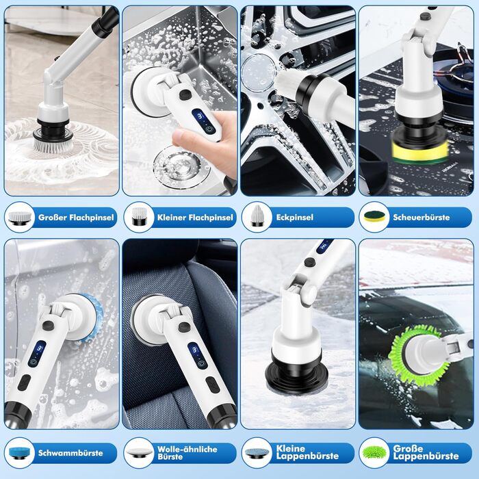 ETENTOUS Electric Cleaning Brush with 8 Replacement Brush Heads, Electric Spin Scrubber with 3 Modes, Power Scrubber with 37-140cm Adjustable Handle for Bathroom, Kitchen, Car, and Floor