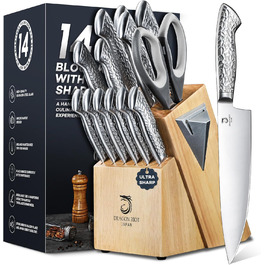 Dragon Riot 14-Piece Self-Sharpening Knife Set with Block - Professional Japanese Stainless Steel Kitchen Knives, Ergonomic Grip, 30cm
