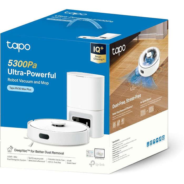Робот-пилосос Tapo RV30 Max Plus з функцією миття та автоматичною станцією самостійного очищення, 5300Pa, LiDAR+IMU, голосове керування Alexa & Google Assistant, білий