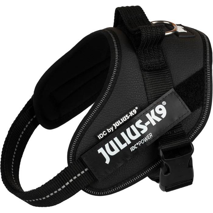 Шлейка для собак IDC Powergeschirr S - відбиваюча, з лого, регульована, дихаюча, для малих, середніх та великих собак (Чорний - Штучна шкіра, S/Mini)