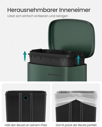 Відро для сміття SONGMICS 30 л, стале, з м'яким закриттям, з внутрішнім відром, для кухні, Vintage Green