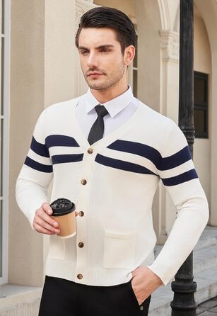 Чоловічий в'язаний кардиган KUYIGO з V-подібним вирізом, ґудзиками, довгим рукавом, легкий, м'який, з вовняної суміші, з кишенями, смугастий (XXL, XXXL, білий/блакитний)