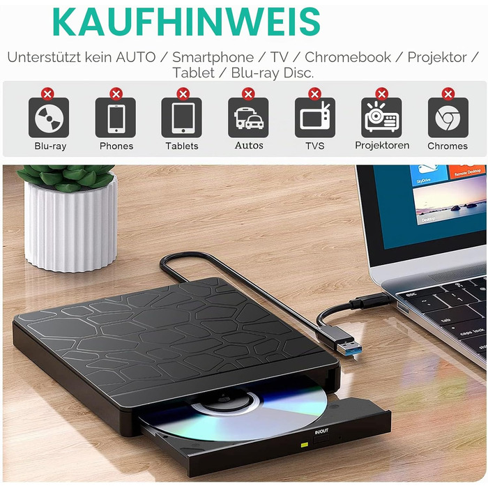 Зовнішній CD/DVD-привід Labtec для ноутбука Windows 11/10, USB 3.0 та Type-C, з картридером SD/TF та USB-хабом, портативний DVD-брунер