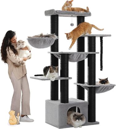 Котячий комплекс PAWZ Road XXL: стійка, з гамаком, 13 стовпчиків сизалю, печери, кошиків, 170 см, чорний