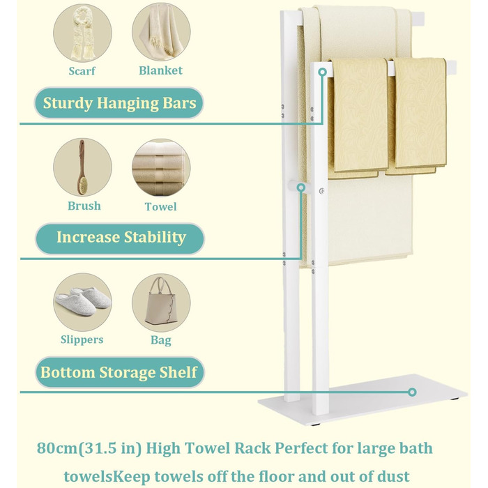 Підставка для рушників Yawinhe Freistehend, підставка для рушників стояча з нержавіючої сталі, 2 стійки, полиця для одягу у ванну кімнату, білий, 40x20x80 см, SMJ003W