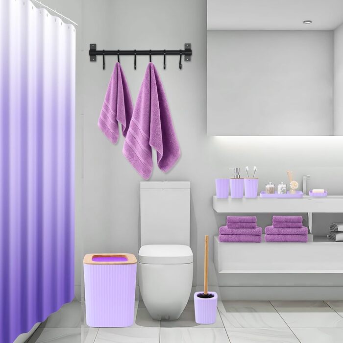 Набір аксесуарів для ванної кімнати з чорним малюнком мармуру: сміттєвий бак, тумбочка під раковину, дозатор мила, мильниця, тримач для зубних щіток, стакан для зубних щіток, щітка для унітазу та тримачі для ватних паличок (порожній, світло-фіолетовий, на