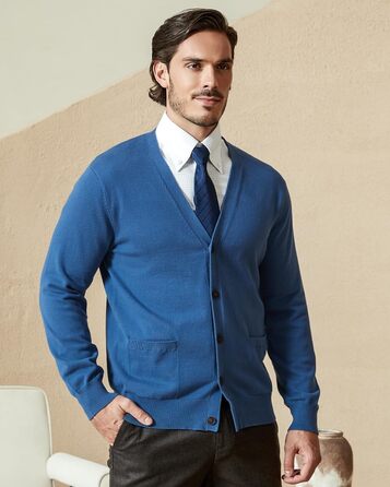 Чоловічий кардиган Kallspin з бавовни, V-подібний виріз, довгий рукав, з ґудзиками та кишенями, Casual (Синій, XXL)