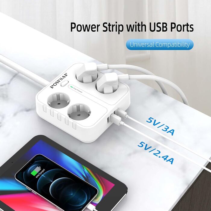 Розподільник розеток POWSAF з 4 розетками та 4 USB-портами для зарядки, для кріплення на стіну, для дому та офісу, білий