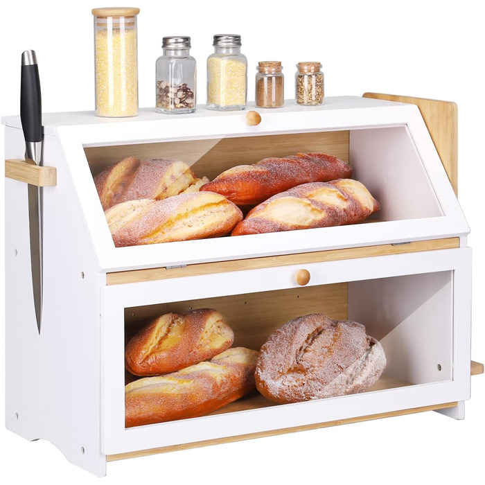 Leader Accessories Бамбуковий хлібний ящик з 2 ярусами, з дощечкою для нарізання, харчовий, легкий у догляді, 50x25x37 см, білий
