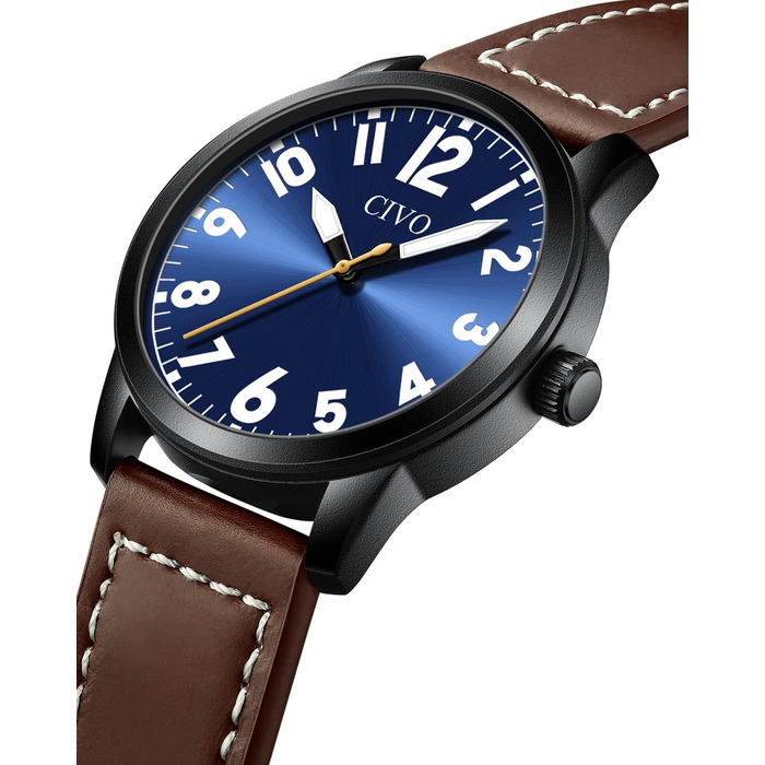 Годинник чоловічий CIVO з великими цифрами: аналоговий класичний годинник на зап'ясті з великими цифрами - водонепроникний кварцовий годинник у стилі мілітарі для чоловіків з підсвічуванням - подарунок для чоловіків, людей похилого віку з поганим зором, коричневий A1
