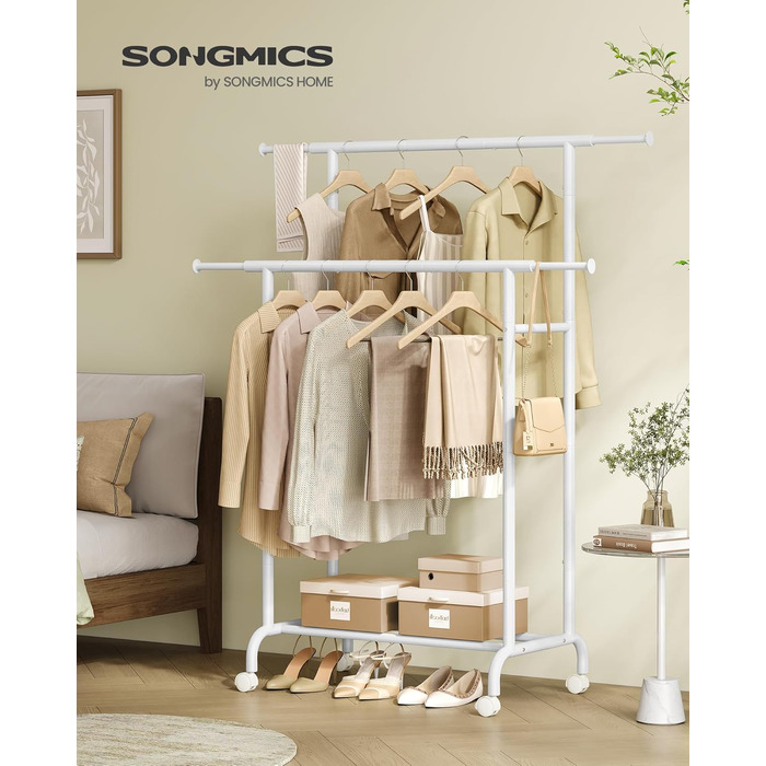 SONGMICS Clothes Rack with 2 Clothes Rods, Extendable Wardrobe Rail, with Wheels, Coat Rack, Height Adjustable between 113 and 180 cm, Lower Rod Adjustable, LLR401R01 (Cloud White, 120D x 50W x 156H cm)