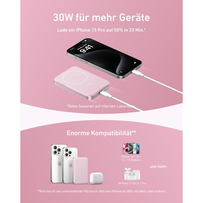 Anker MagGo Powerbank 10000mAh: портативний зарядний пристрій з MagSafe для iPhone 16/15/14/13 (Рожевий)