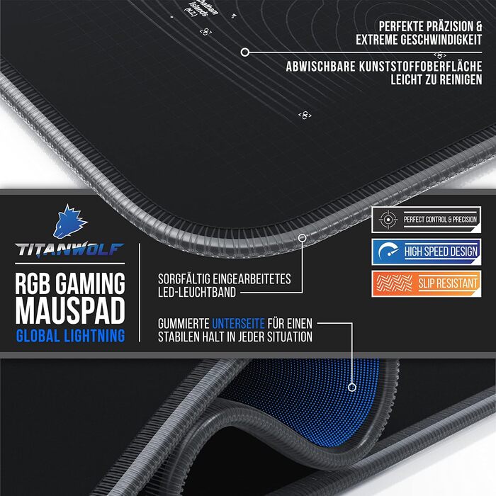 Ігровий килимок для миші TITANWOLF RGB XXL (800x300 мм) з LED-підсвіткою, 11 режимів освітлення, вологостійкий, чорний (дизайн World Map)