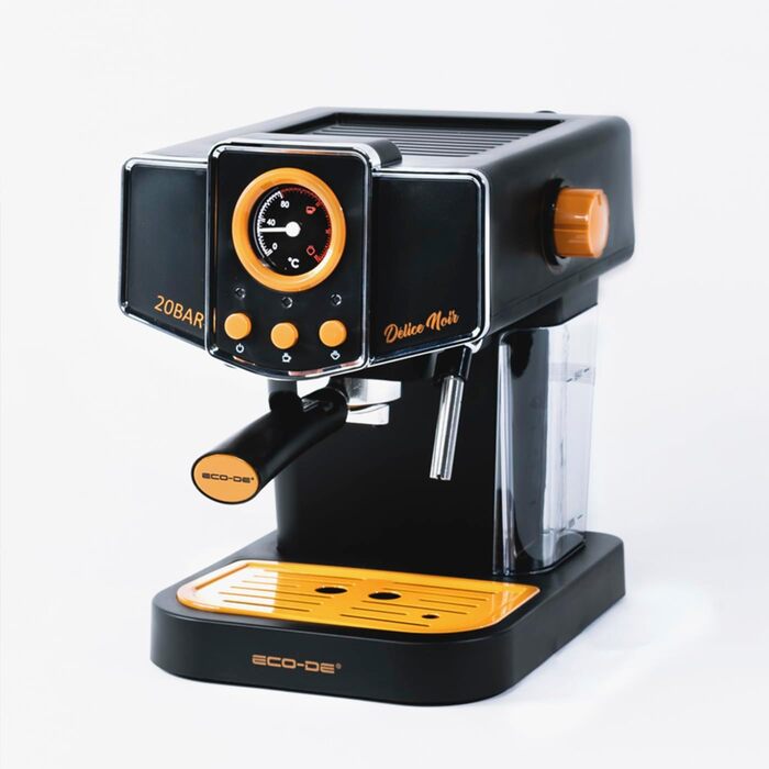 ECODE® Espresso Machine Delice Black, 20 Bar Pressure, Swivel Vaporizer - Machine with 1.5 L Tank, Milk Frother, Single/Double Dosing, Manometer with Temperature - Coffee Machine