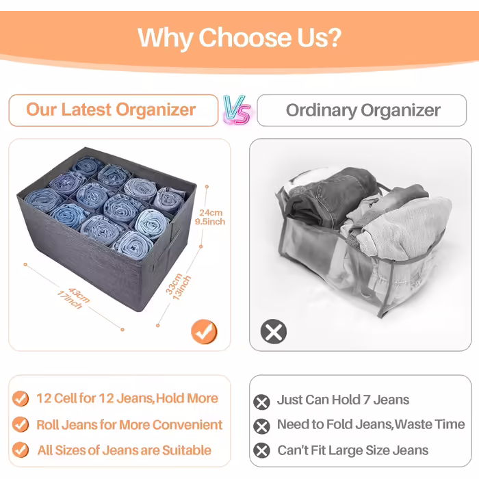 EASEVE Closet Organizer Drawer Storage Box for Clothes - 12 Cell Drawer Organization System Closet Clothes Storage Boxes for Jeans, Pants, Towel, Shirt, Sweater (2 Pack)