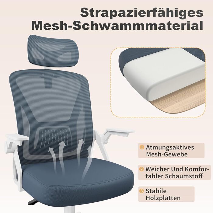 Офісний стіл Naspiro, ергономічне крісло з сітчастою спинкою, підтримка попереку, м'яке сидіння, регульована висота, для дому та офісу, сірий (темно-сірий, з підголовником)