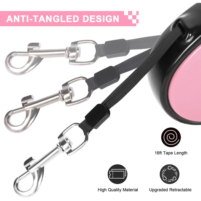 Висувна собача шлейка, 5 м, для собак маленьких та середніх порід до 25 кг, антизаплутування, міцний нейлоновий трос (рожево-білі крапки), рожева
