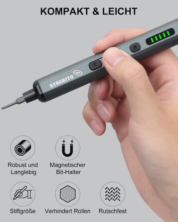 Міні-шуруповерт STREBITO 70-в-1: комплект з 64 бітами, 5 режимів крутного моменту, LED-підсвічуванням, сірий