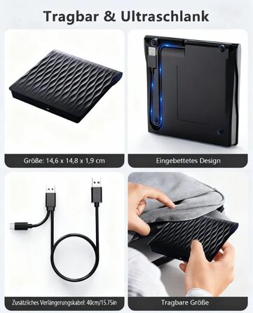 Зовнішній DVD/CD привід DANGZW USB 3.0 Type-C, портативний DVD-брунер та плеєр для ноутбука та ПК, сумісний з Windows, MacOS, Linux (чорний глянцевий)