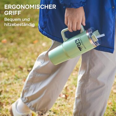 Термокружка з трубочкою 880мл, з кришкою та ручкою, 30oz, з нержавіючої сталі, ізольована, велика, з ручкою, для подорожей, кавова, на виніс XXL (Зелена)