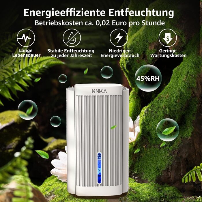 Електричний осушувач повітря KNKA, 1.1 л, тихий (28dB), для дому, ванної, підвалу, з автовимкненням та нічним режимом, кольорове нічне підсвічування (білий)