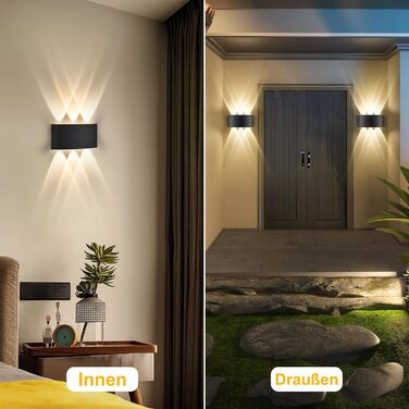 LED-стінні світильники Oraymin 2 шт., IP65, 6W, 6 джерел світла, 3000K, для дому та вулиці, з алюмінію, тепле біле світло, чорний колір